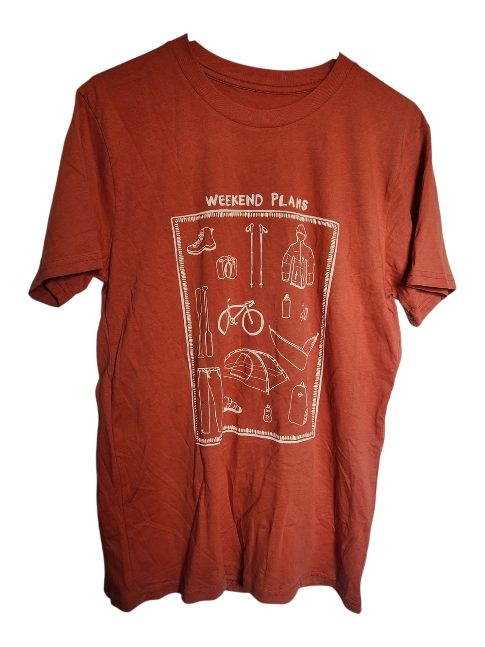 CoalaTree Weekend Plans Graphic T-Shirt - Rust NWT SIZE M 100% Organic Cotton